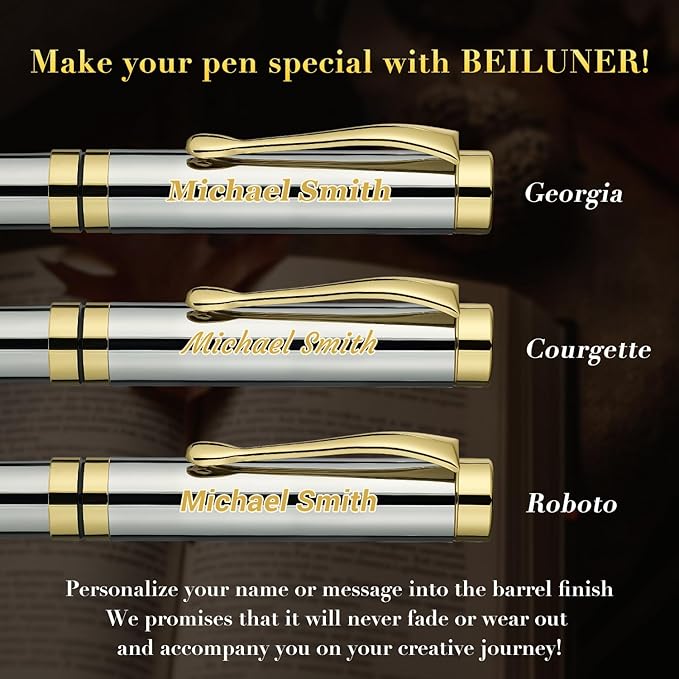 BEILUNER Personalized Ballpoint Pens, Stunning Bright Silver Chrome Metal Pen with Golden Trim, Fancy Ball Pen Gift Set for Men & Women, Graduation,Office, Nice Gift Box with 0.5mm Black Spare Refill