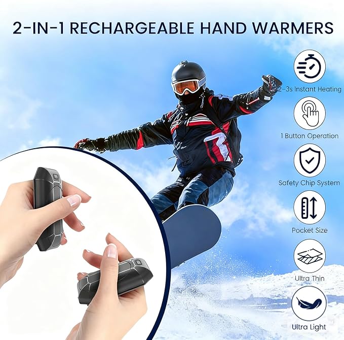 Hand Warmers Rechargeable 2-Pack, 3-Second Fast Heating & UL Certified for Safety, Portable Pocket Warmers for Outdoor Activities (Hunting, Golf, Camping), Stocking Stuffers