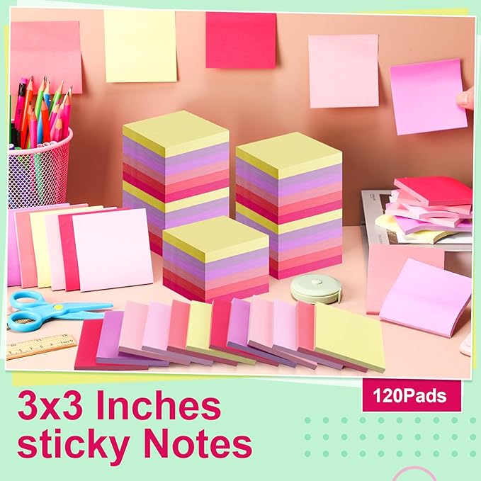 Fainne 120 Pack Sticky Notes Bulk Back to School Supplies Self Stick Note Pads Paper Memo for Office First Day of School Student Teacher Essentials (3x3 Inch,Vivid Color)