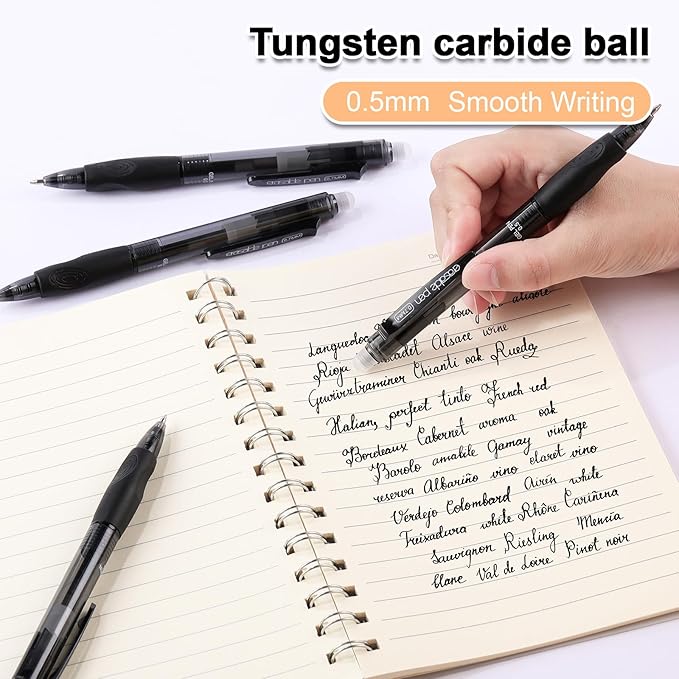 USUAL Retractable Erasable Pens 12 Colored Erasable Gel Pen 0.5mm Erasable Gel Pens Black Make Mistakes Disappear Smooth Writing Pen Office Back-to-School Supplies (Black)