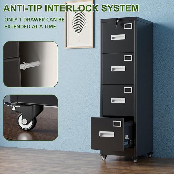 Aobabo 4 Drawer File Cabinet with Wheels, Lockable Metal Filing Cabinet with Name Card for Office and Home,Assembly Required,Black