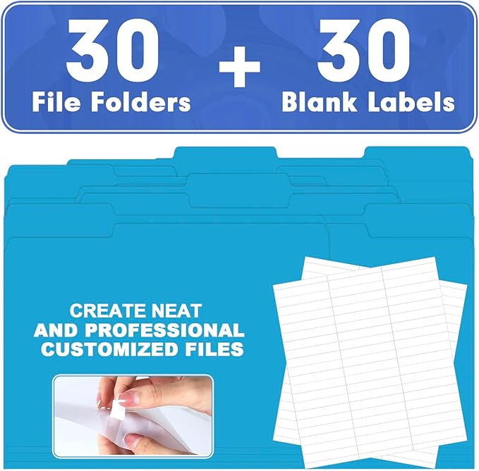 File Folder, HERKKA 30 Pack 1/3 Cut Tab File Folders, File Folders Great for Organizing and Filing, Letter Size, Light Blue