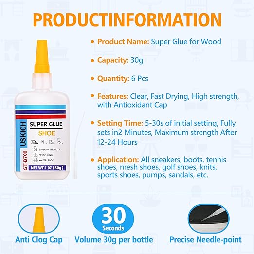 Super Glue for Shoe with Anti Clog Cap.6 X 1 Fl Oz,Ca Glue - Clear Shoe Glue Sole Repair,Waterproof Sneaker Glues for Rubber Soles,Boot,Leather, Heels,Tennis,Strong Boot Fix,Insole Adhesive