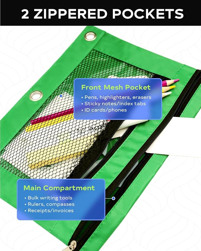 3 Ring Binder Pencil Pouch - School Pencil Case with 2 Zippered Pockets, Clear Mesh Window Pencil Bag, B5 Size, Back to School Gifts (Green)
