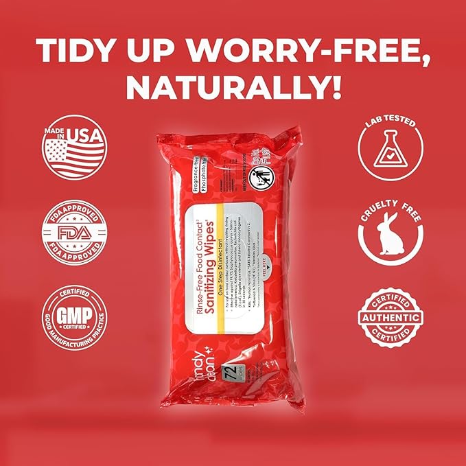 HandyClean Rinse-Free Food Contact Sanitizing Wipes Pouch, Multi Surface Cleaning Supplies for Kitchen and Professional Setting - 12 pack, 864 count