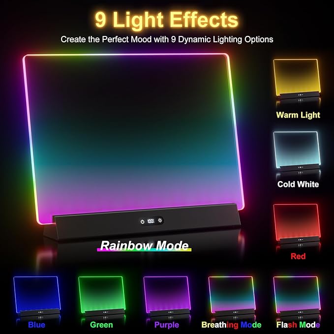 LED Note Board with Colors, Rechargeable 17-Inch Doodle Glow 9-Mode Light Up Desk Sign Letter Message Memo Drawing Dry Erase Board for Classroom/Home Decor/Office/Gifts, 5 Markers & Tracing Book