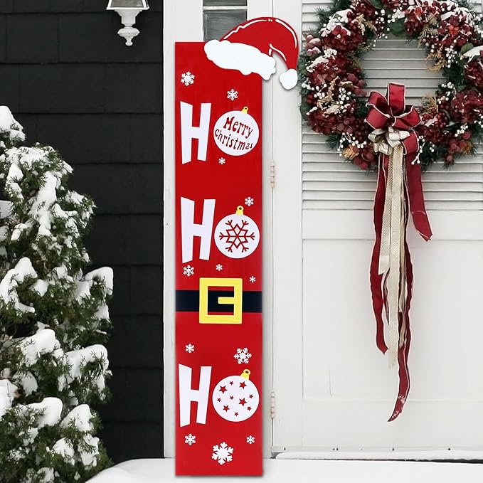HOMCDALY Christmas Welcome Sign for Front Porch, Wooden Santa HO HO HO Sign for Front Door, Outdoor Welcome Sign, Farmhouse Christmas Decorations Porch Décor(47in)