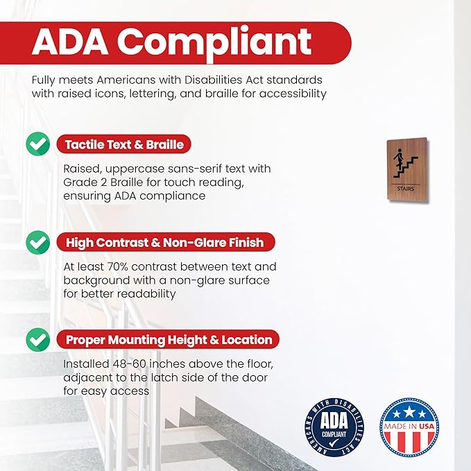 Promot Stair Sign – ADA Braille Stairway Sign for Business, Self-Adhesive, 9" x 6", Commercial Door Signage, Office Wall Decor - Chestnut