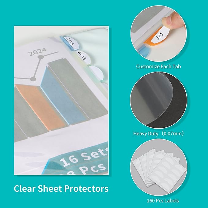 Binditek 128 Pack Heavyduty Clear Sheet Protectors with 8 Tabs, Sturdy Binder Sheet Protectors for 3 Ring Binder Letter Size, Multicolor Tabs, 8.5 x 11 Inches, Polypropylene, 16 Set, Label Sticker