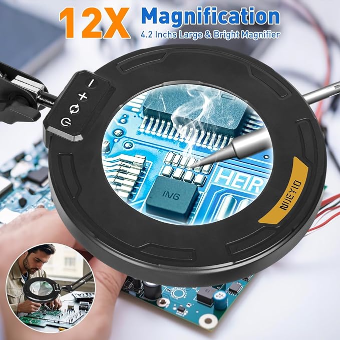 12X Long Swing Arm Magnifying Glass with Light and Stand, NUEYiO 4-Way Large Strong Metal Clamp Lighted Magnifier Lamp, 5 Color Modes LED Magnifying Lamp for Workbench, Crafting, Hobby