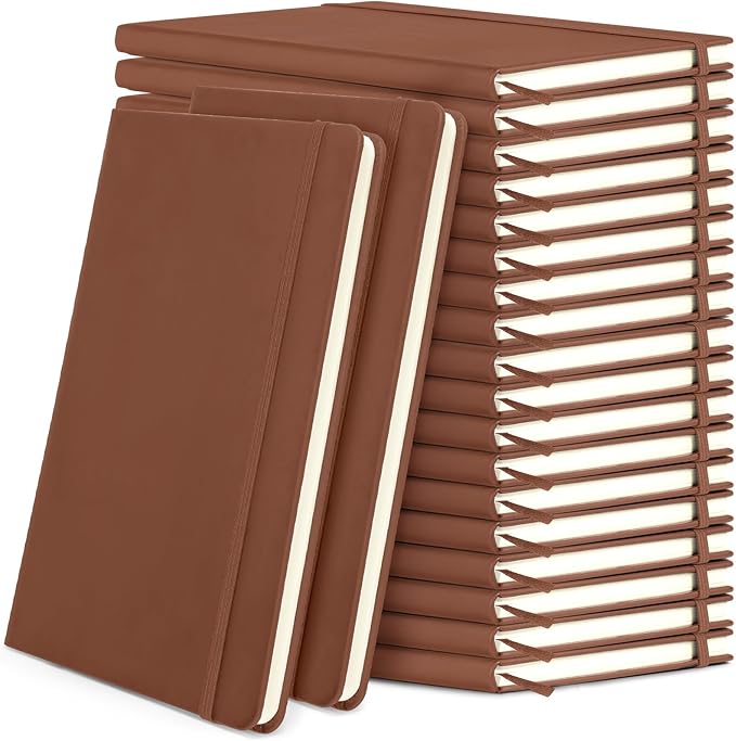 Honoson 20 Pack Lined Journal Notebooks A5 Hardcover Executive Notebook 5.5" x 8.3" PU Leather Wide Ruled Journals Bulk with Elastic Band for Home Business Office School Supplies(Brown)