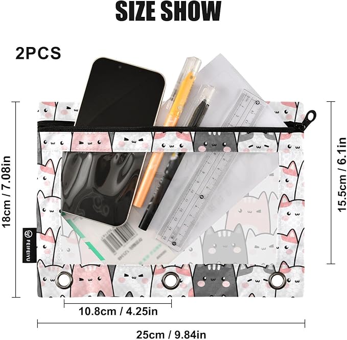 Cute Cats Kittens Pencil Pouch for 3 Ring Binder, 2 Pack Waterproof Pencil Bags Clear Window Zipper School Office Supplies