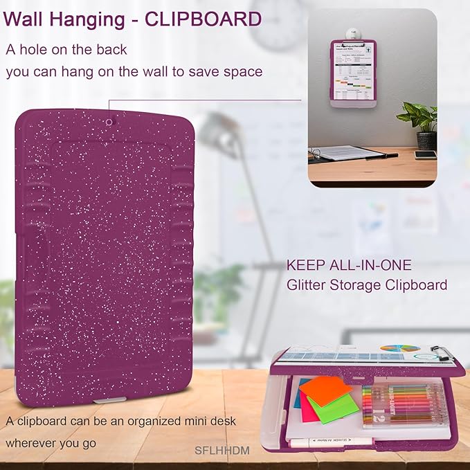 Glitter Clipboard with Storage,Storage Clipboard with Pen Holder,A4 Binder Clip Boards 8.5x11 with Low Profile Clip,Side Opening Sparkle Clipboards,Clipboards Folder for Office Supplies-Purple Alfalfa