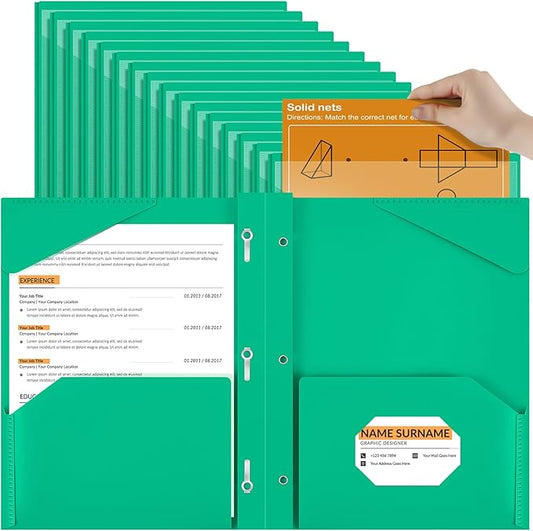 Henoyso 48 Pcs Plastic Folder with Clear Front Pocket and 3 Prongs Heavy Duty Plastic Folders with Card Slot Pocket Folders with Prongs for School Office Home(Green)