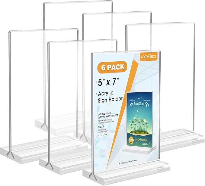 MaxGear 5x7 Acrylic Sign Holder 6 Pack, Clear Table Display Stand， Double Sided Flyer Menu Holder Photo Frame, Plastic Paper Holder Acrylic Picture Frames for Stores, Restaurants, Hotels, Office