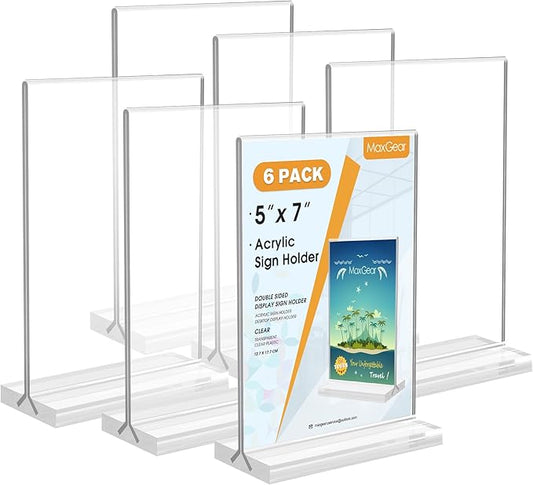 MaxGear 5x7 Acrylic Sign Holder 6 Pack, Clear Table Display Stand， Double Sided Flyer Menu Holder Photo Frame, Plastic Paper Holder Acrylic Picture Frames for Stores, Restaurants, Hotels, Office
