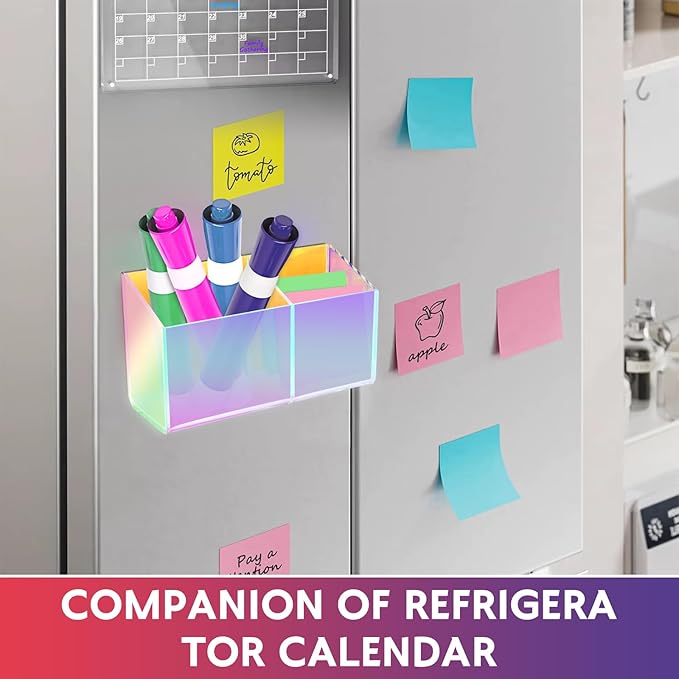 Magnetic Dry Erase Marker Holder for Whiteboard，Acrylic Magnetic Pen Holder for Fridge, 2 Compartments Whiteboard for Office, Home, Locker(Clear)-Colorful