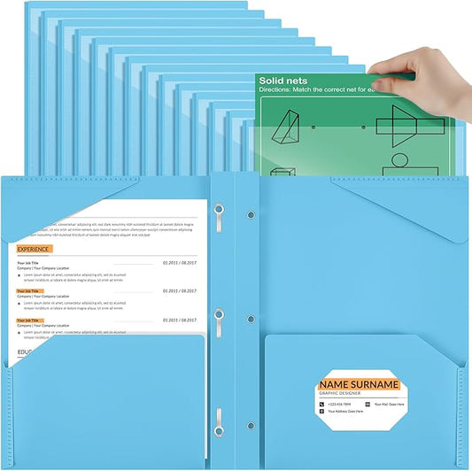 Henoyso 36 Pcs Plastic Folder with Clear Front Pocket and 3 Prong Plastic Folders with Card Slot Pocket Folders with Prongs for School Office (Light Blue)