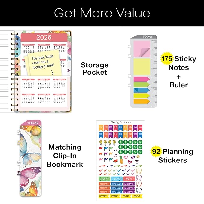 HARDCOVER Academic Year 2025-2026 Planner: (June 2025 Through July 2026) 5.5"x8" Daily Weekly Monthly Planner Yearly Agenda. Bookmark, Pocket Folder and Sticky Note Set (Watercolor Butterflies)