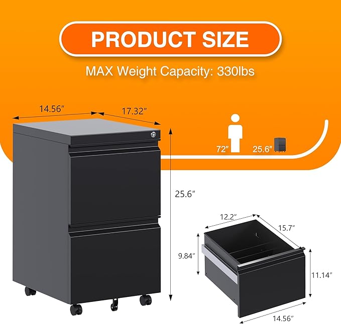 Aobabo Metal 2 Drawer Mobile File Cabinet with Lock, Under Desk Office Steel Filing Cabinet, 25.6''H Legal/Letter Size, Black, Fully Assembled Except Wheels