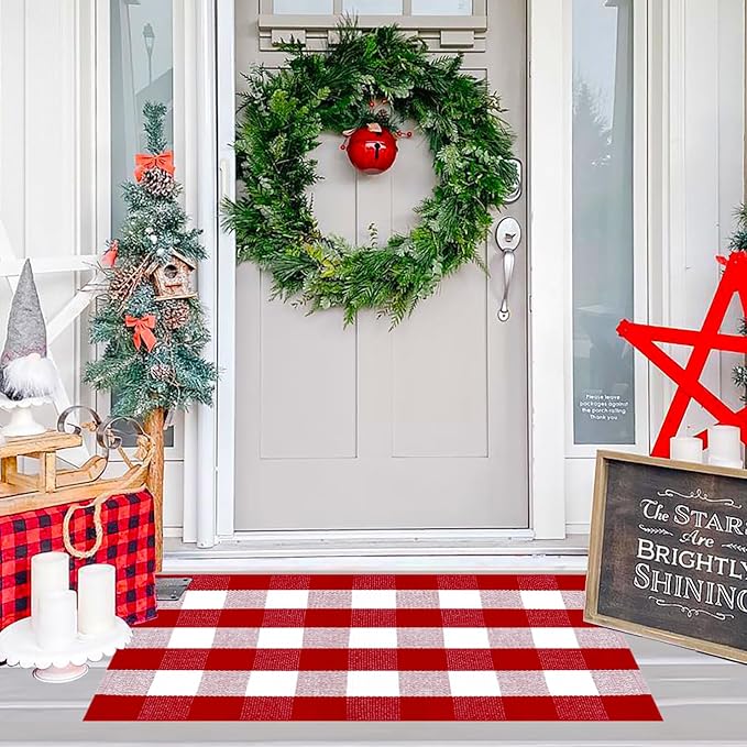 Ckorzen Red and White Plaid Rug, 28" x 43" Christmas Front Porch Outdoor Rug, Handwoven Cotton Washable Rug for Layered Door Mats, Holiday Entryway and Home Décor