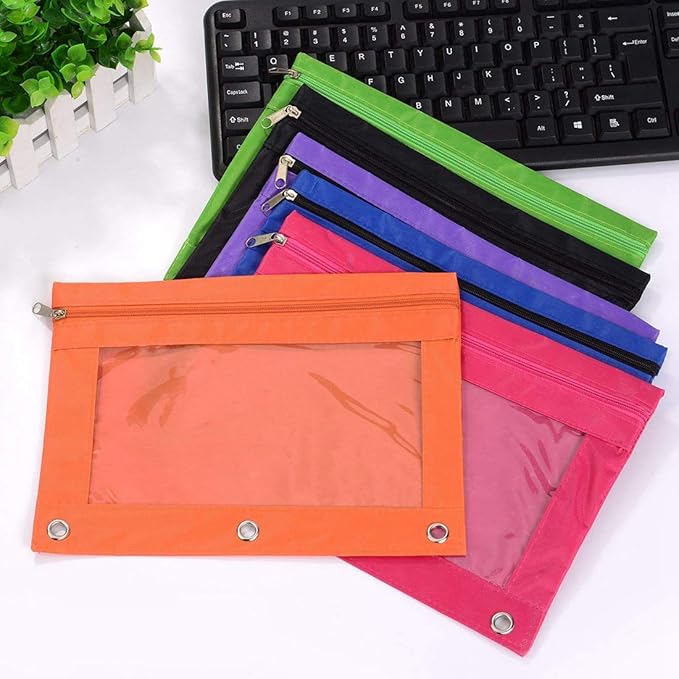 Zippered Pen Pencil Binder Pouch 3 Rings with Clear Window for School Classroom Organizers 8 Pcs (Green)