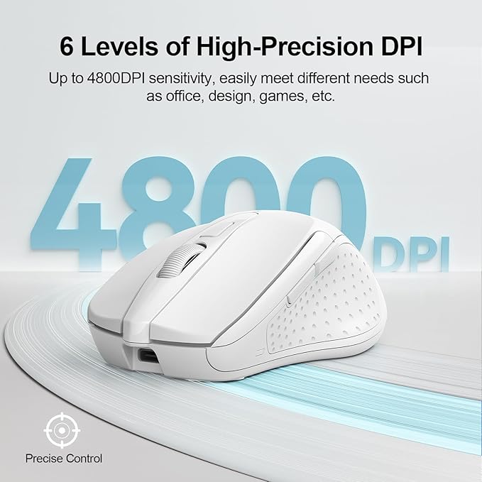 TECKNET Wireless Mouse (BT5.0/3.0 & 2.4G) Rechargeable 4800 DPI Silent USB A & Bluetooth Mouse 6 Buttons, Wide Compatibility - White