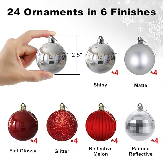 GameXcel 24Pcs Christmas Balls Ornaments for Xmas Tree - Shatterproof Christmas Tree Decorations Medium Hanging Ball Silver & Red 2.5 Inch x 24 Pack