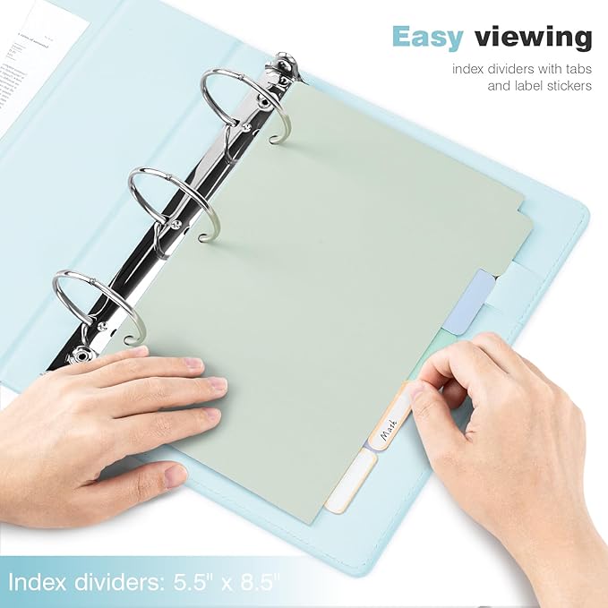 Ospelelf Mini Binder 2 Inch Small 3 Ring Vintage Leather Clipboard 5.5" x 8.5", Professional Binder Organizer Dividers with Tabs, Bule