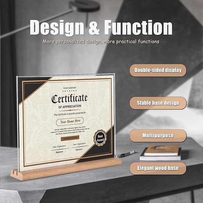 11 x 8.5Horizontal Acrylic Sign Holder with Combined L and T-Shaped Wood Base,High transparency table card stand for Ads, Menu, Picture,Welcome sign or other Flyer(3 packs)