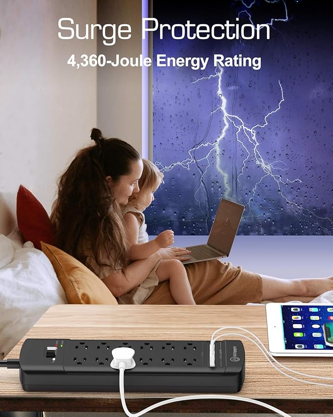 Surge Protector Power Strip - 12 Outlets,4 USB 6A Ports, 6Ft Extension Cord, 1875W/15A, 4360Joules, Overload Protection - Ideal for Home & Office Use (Black-USB6A)