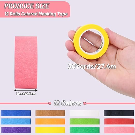 12 Rolls Colored Masking Tape-1 inch x 1080 Ft Painters Tape, Rainbow Colors Rolls Bulk Kids Colorful Paper Marking Tape Decorative Arts Crafts Labeling DIY School Classroom Supplies