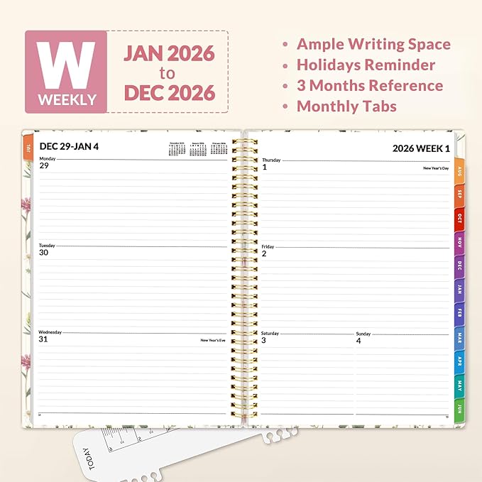 SUNEE 2026 Weekly and Monthly Planner - from January 2026 - December 2026, 8.5"x11" Daily Agenda Planner with Monthly Tab, Flexible Cover, Note Pages, Pockets, Bookmark, Spiral Binding, Wildflowers