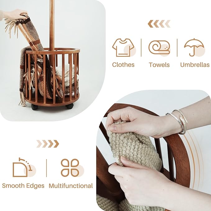 Uniclinens Solid Wood Coat Rack Freestanding with Umbrella Holder, Tree Coat Rack Stand with Lockable Universal Casters & 12 Hooks for Entryway Bedroom, Walnut