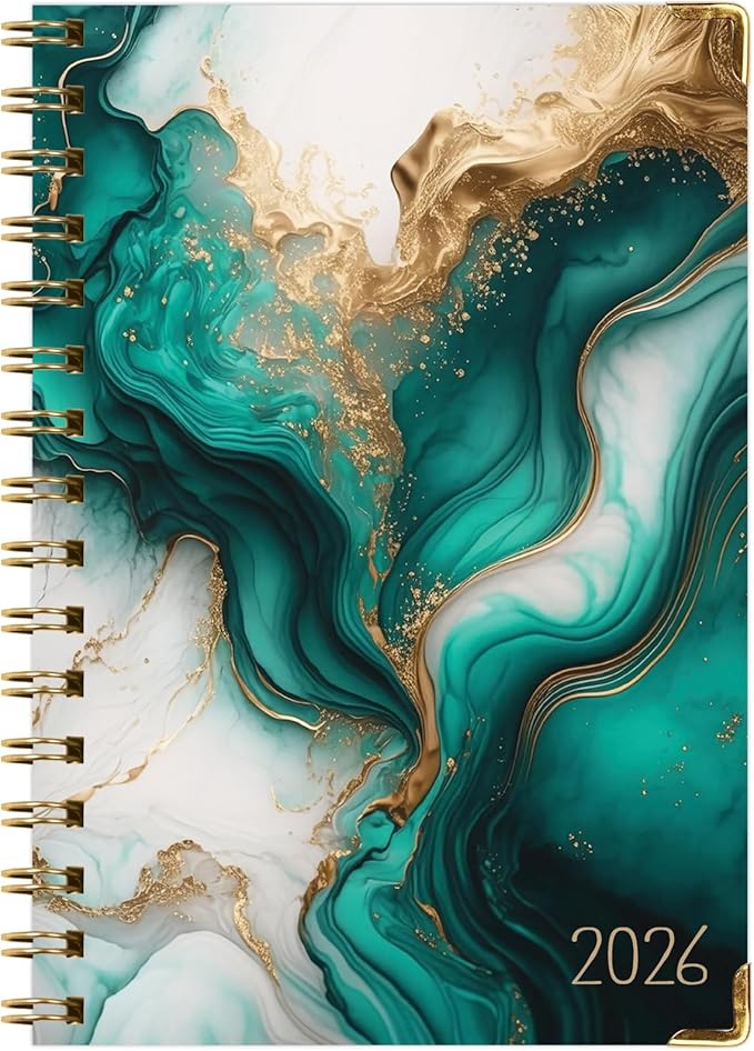 HARDCOVER 2026 Planner, 5.5"x8": 14 Months (November 2025 - December 2026), Daily Weekly Monthly Planner, Yearly Agenda, Bookmark, Pocket Folder and Sticky Note Set (Teal Gold Marble)