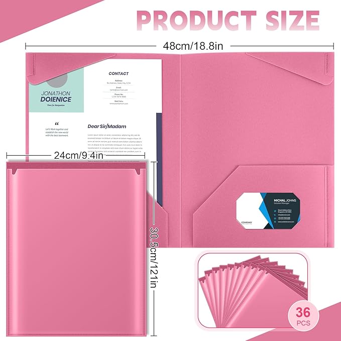 Henoyso 36 Pcs Plastic Folders with Clear Front Pockets Heavy Duty File Folders with 2 Pockets and Card Slot for Student Communication School Office Presentation Report (Pink)