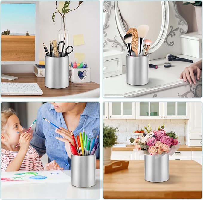 Pen Holder Pencil Holder for Desk, Metal desk pen holder, Makeup Brush Holder, pencil cup, pen organizer for desk, for Office, School, Home, and Kids 3.9×3.14inch（Silver）