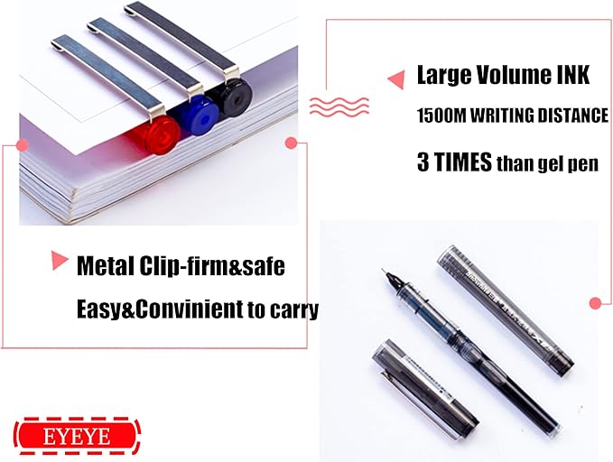 EYEYE 3 Colors Liquid Ink Rollerball Pens, 16 Packs (8 Black & 4 Blue & 4 Red) Quick Dry Gel Pen, 0.5mm Fine Needle Nib for Taking Notes Doodling, School Office Home Supplies