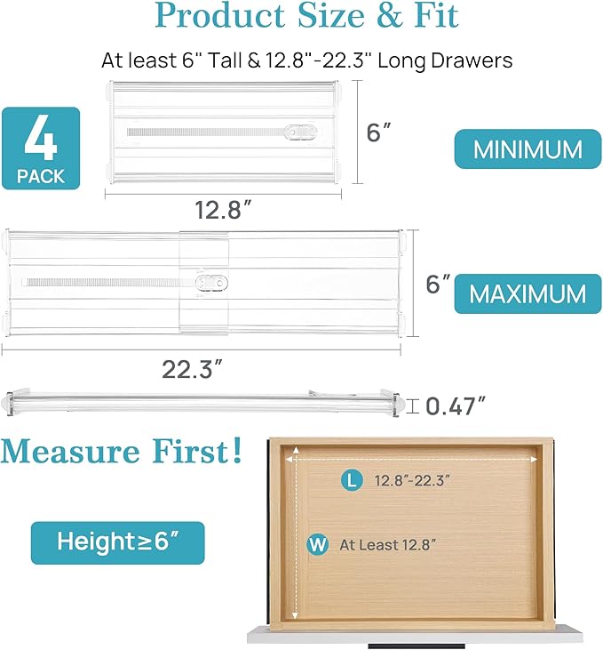 Vtopmart 4 Pack 6" Tall Upgrade Drawer Dividers for Big and Deep Drawer, 12.8"-22.3" Adjustable Expandable Dresser Drawer Organizer, Clear Plastic Separators for Dresser, Baby Supplies, Kitchenware