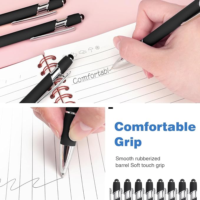 Bribobo 8 Pack Black Ballpoint Pen 2-in-1 Stylus - Retractable Metal Pen With Stylus Tip for Touch Screens, 1.0 mm Black Ink