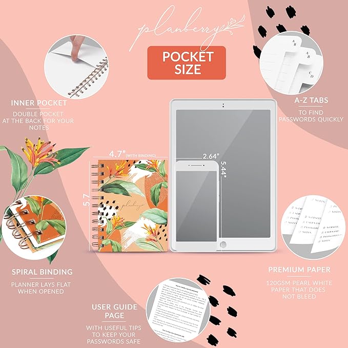 PLANBERRY Password Book Premium – Small Internet Address Organizer with A-Z Tabs – Pocket Website Password Keeper with Alphabetical Tabs – 4.7x5.7″, Hardcover (African Terracotta)