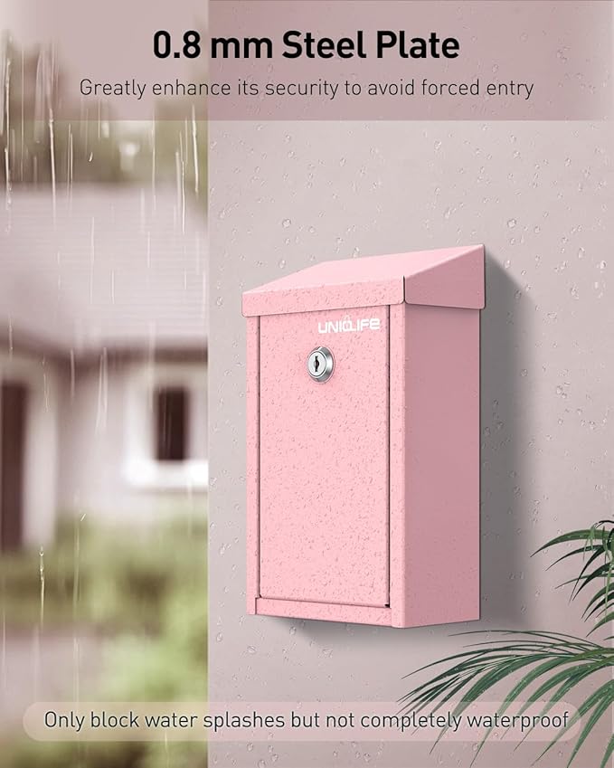 Uniclife Pink Key Drop Box for Outside, Metal Safe Suggestion Box with Key Lock, Collection Boxes Donation Chest, Wall Mounted Mailbox with Top Slot, Steel Cash Drop Chest for Home Office Business