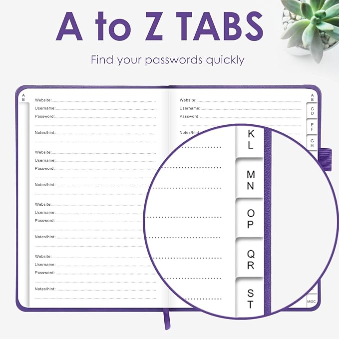Elegant Password Book with Alphabetical Tabs - Hardcover Password Book for Internet Website Address Login - 5.2" x 7.6" Password Keeper and Organizer w/Notes Section & Back Pocket (Violet Purple)