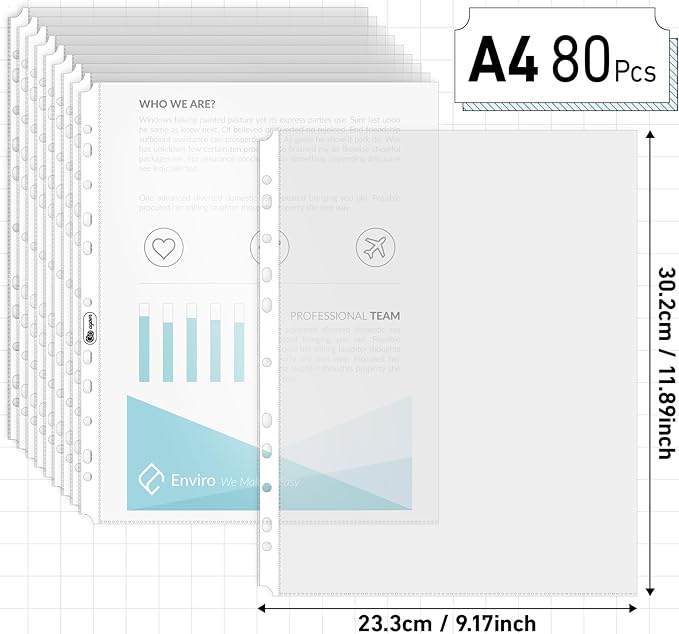 A4 Clear Sheet Protectors 11.89 x 9.17in,80 Punched Pocket with Sticky Tabs,120 Micron Heavy Duty Binder Sleeves 11-Hole Plastic Page Protectors Sheet Top Loaded for 2/3/4 Ring Binder Fits A4 Paper