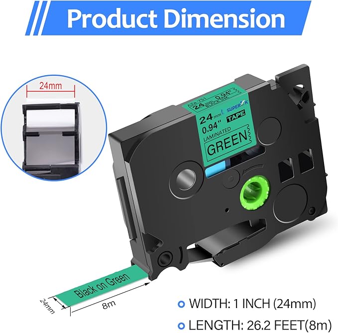 8PK Compatible for Brother P-Touch Label Maker Tape TZe-751 TZ-751 TZe751 TZ751 Black on Green 24mm 0.94 inch 1'' x 26.2ft Laminated TZe TZ Label Tape for PT-2730 PT-2730VP PT-3600 PT-7500