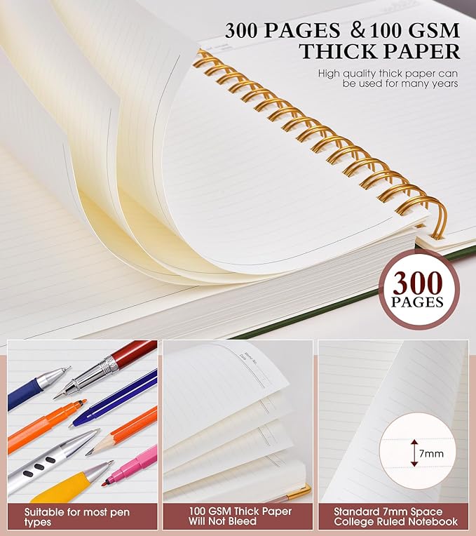 Spiral Notebook Journal 7.6” x 10”, 300 Pages Hardcover Leather Lined Journals for Women Men, B5 Large College Ruled Notebooks with 100 GSM Thick Paper, Spiral Journal for Writing Work, Olive Green