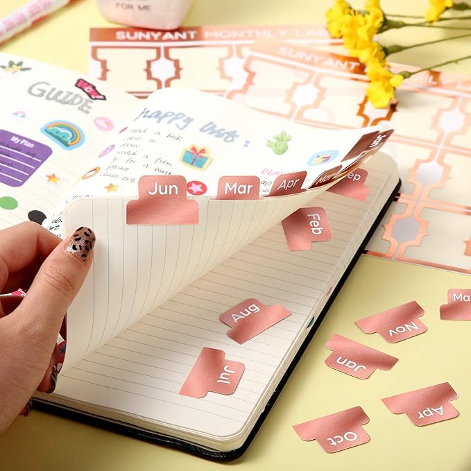 72 Pieces Adhesive Monthly Planner Tabs Monthly Index Stickers Decorative Label Calendar Stickers for Office Study Planner Journal Notebook Back to School Accessories(Rose Gold)