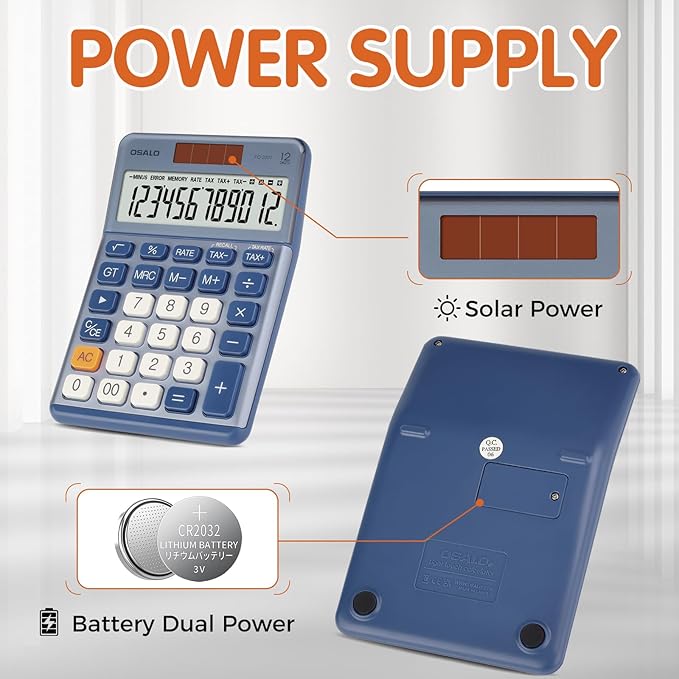 Pendancy Office Small Calculator Desktop with Tax+/- for Tax Calculation, 12 Digit Large LCD Display, Solar Battery Power, Durable Portable Design, Financial Accounting Business Home Use(OS-200T-Blue)