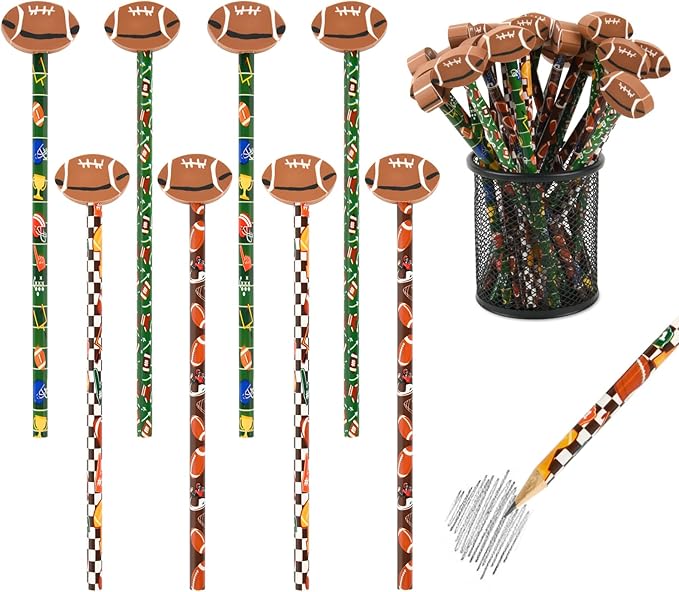 48 Pcs Football Pencils and Erasers for Football Theme Birthday Gifts Assortment Stationery Pencils for Students Office School Classroom Supplies.