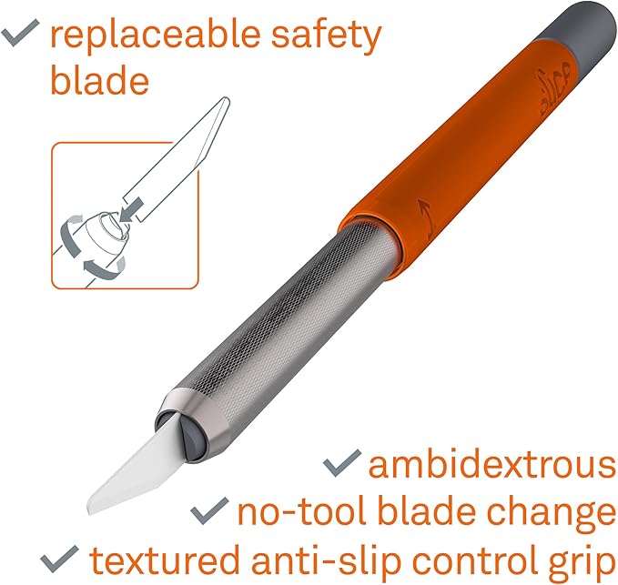 Slice 10518 Craft Knife, Finger-Friendly Edge, Safer Choice, Never Rusts, Lasts 11x Longer Than Metal, Precision Cutting, Never-Lost Safety Cap